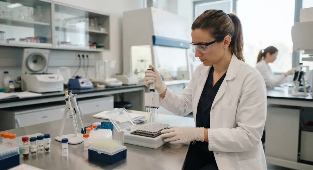 Pipetiranje uzoraka u laboratoriju — CJC-1295 i Ipamorelin Bosna u istraživačkom kontekstu