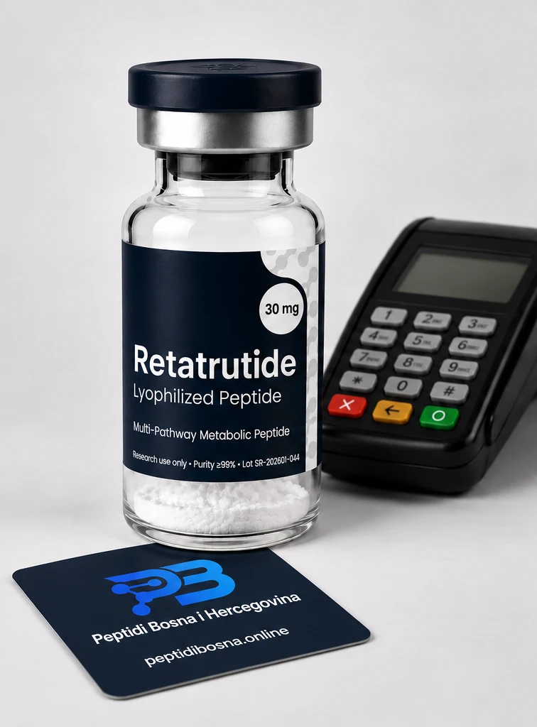Bočica Retatrutida uz POS terminal i karticu Peptidi Bosna i Hercegovina