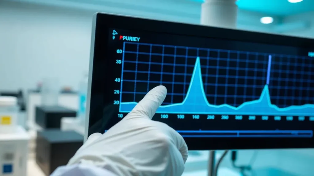 HPLC kromatogram čistoće peptida na monitoru u laboratoriju — analiza serije Retatrutide